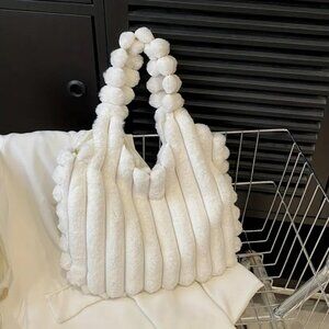 NWT Hobo Handbag Purse Shoulder Bag Faux Fur Fuzzy Soft Plush Handheld WHITE